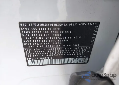 2022 Volkswagen Taos 1.5T S z USA, uszkodzony, nr VIN 3VVCX7B27NM070181